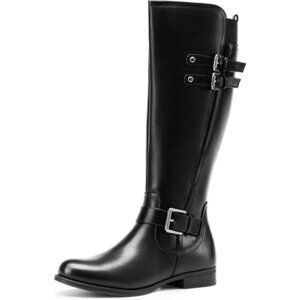 Women's Faux Leather Black Knee High Buckle Chunky Heel Flat Riding Pirate Boots
